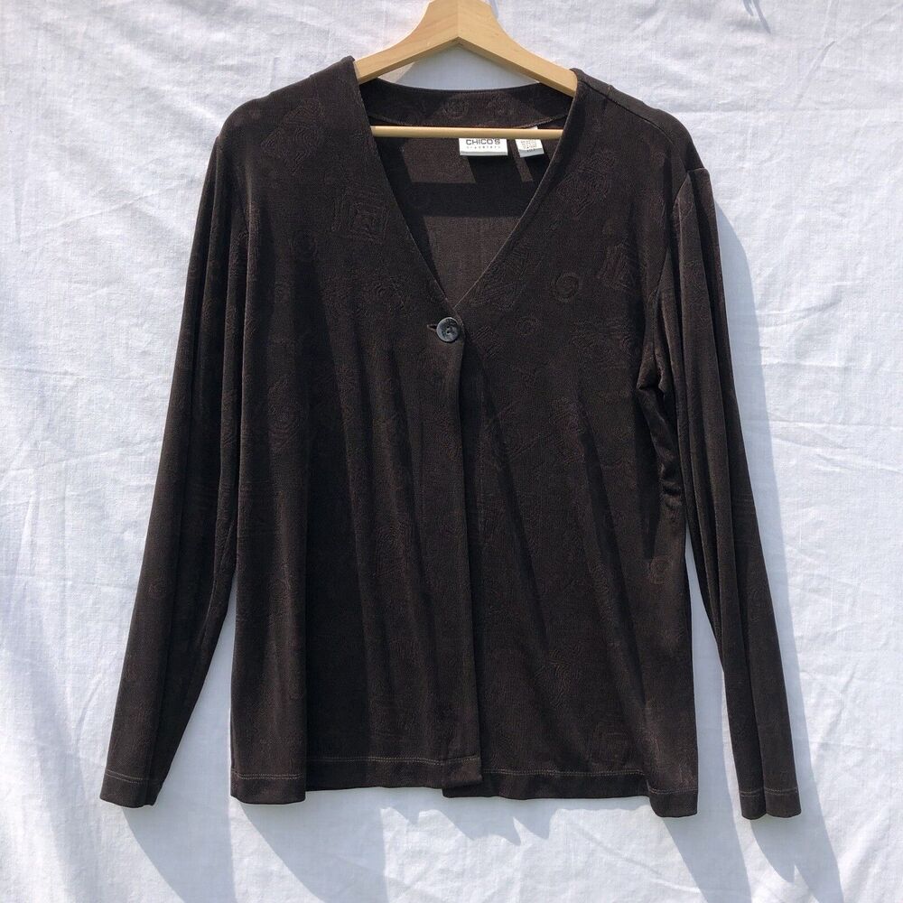 Black Patterned Knit One Button Shirt Chico's Travelers Size 2 Acetate